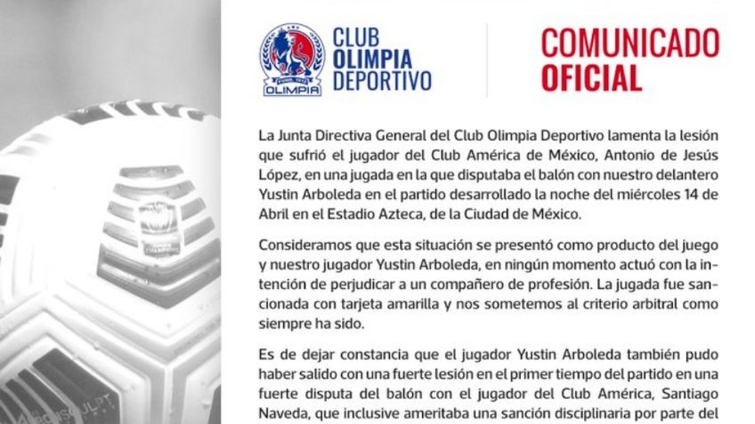 Club América: Olimpia defiende a su jugador tras fractura a Chucho López