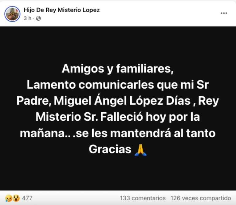 Así se despidió el hijo de Rey Misterio Sr (FB: Hijo de Rey Misterio Lopez)