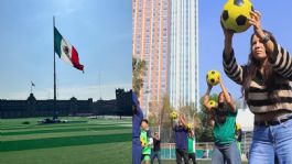 Foto que representa a Así luce la cancha instalada en el Zócalo CDMX para la mega clase de futbol del 15 de marzo | VIDEO
