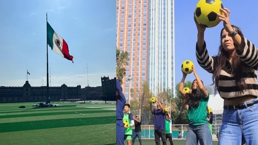 Así luce la cancha instalada en el Zócalo CDMX para la mega clase de futbol del 15 de marzo | VIDEO