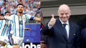 Foto ilustrativa de la nota titulada: Infantino se rinde ante Messi tras afianzar histórico récord de goleo en los Mundiales
