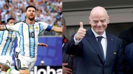 Foto que representa a Infantino se rinde ante Messi tras afianzar histórico récord de goleo en los Mundiales